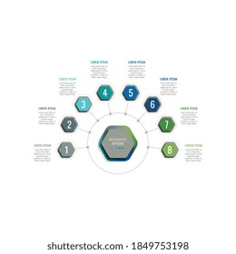 Eight steps 3d infographic template with hexagonal elements. Business process data visualisation for annual report, brochure, diagram, workflow, timeline, web design. Eps 10