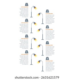 lâmpada de piso modelo infográfico de oito etapas. lâmpada de chão modelo infográfico para anual, revista, negócios