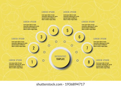 Eight steps horizontal infographic template on a yellow background. Modern business data visualization with text boxes. Vector illustration easy to edit and customize. Eps 10