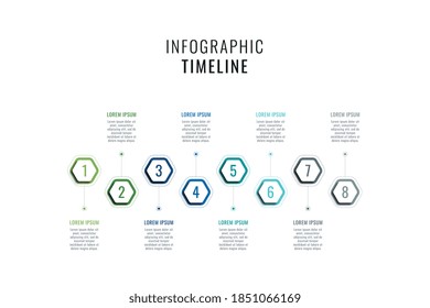 Eight Steps Horizontal Timeline Infographic Template. Multicolor Hexagonal Elements With Numbers And Textboxes On A White Background. Vector Business Data Progress Visualization. Eps 10