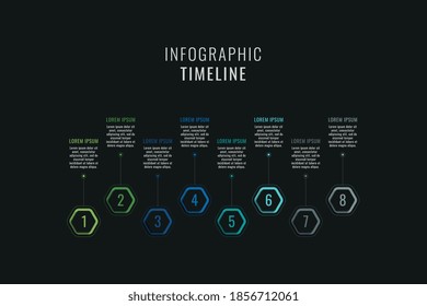 Acht Schritte horizontale Timeline-Infografik-Vorlage. Mehrfarbige hexagonale Elemente mit Zahlen und Textkästen auf schwarzem Hintergrund. Visualisierung von Geschäftsdaten im Vektorbereich. EPS10