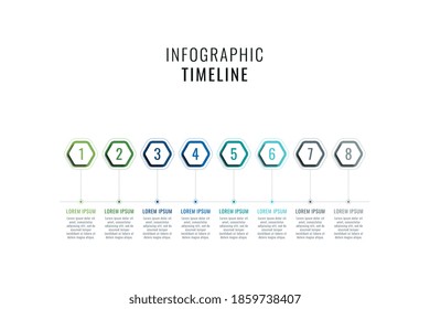 Acht Stufen horizontale Timeline Vorlage Infografik. Mehrfarbige hexagonale Elemente mit Zahlen und Textkästen auf weißem Hintergrund. Visualisierung von Geschäftsdaten im Vektorbereich. EPS10