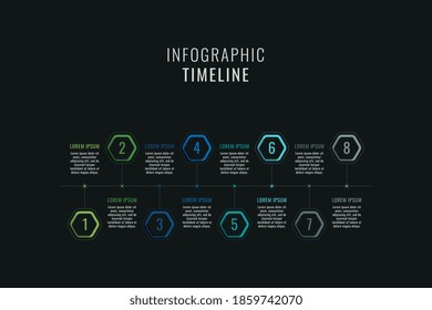 Eight Steps Horizontal Timeline Template Infographic. Multicolor Hexagonal Elements With Numbers And Textboxes On A Black Background. Vector Business Data Progress Visualization. Eps 10