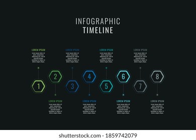 Eight Steps Horizontal Timeline Template Infographic. Multicolor Hexagonal Elements With Numbers And Textboxes On A Black Background. Vector Business Data Progress Visualization. Eps 10