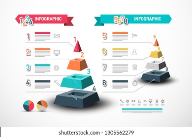 Eight Steps Infographic Design with Pyramid. Data Flow Vector Concept with Sample Text and Technology Web Icons. Company Presentation Layout.
