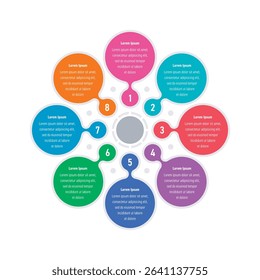 eight steps infographic template. colorful circles information template. infographic template for business, education, industry, technology world. information template for annual report, magazine