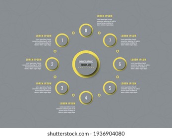 Plantilla de infografía de ocho pasos sobre un fondo gris. Visualización moderna de datos empresariales con cuadros de texto. Ilustración vectorial fácil de editar y personalizar. Eps 10