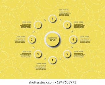 Eight steps infographic template on a yellow background. Modern business data visualization with text boxes. Vector illustration easy to edit and customize. Eps 10