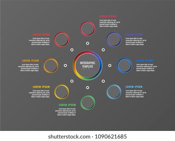 eight steps infographic template with round 3d realistic elements on dark background. process diagram for brochure, banner, annual report
