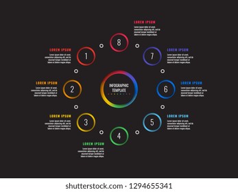 acht Stufen Infografik-Vorlage mit runden 3d-realistischen Elementen auf dunklem Hintergrund. Vektorgrafik für Broschüre, Banner, Poster, Geschäftsbericht. eps10