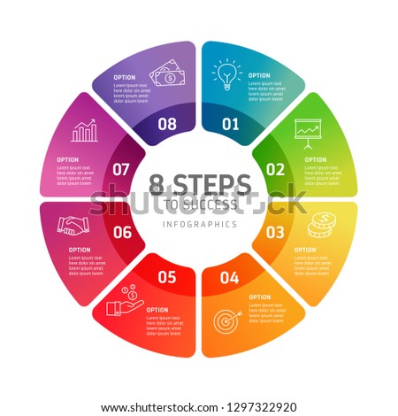 Eight steps infographics - can illustrate a strategy, workflow, team work, timeline etc.