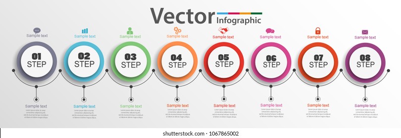 Eight steps infographics with colorful circles. Can be used for workflow layout, diagram, business step options, banner, web design. Vector Eps 10