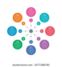 eight steps information template. colorful circles infographic template. Infographic template for industry, education, business and science. magazine, annual report information template