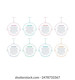 Acht Stufen Information Vorlage. Bunte Kreise Infografik Vorlage. Infografik Vorlage für Wirtschaft, Bildung, Wirtschaft und Wissenschaft. Buch, Jahresbericht, Magazin Information Vorlage