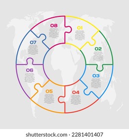 Infografía del diagrama de rompecabezas de ocho pasos. Negocio, idea, concepto de flujo. Silueta de plantilla para 8 opciones, partes, procesos. Gráfico informativo de la cronología de Jigsaw. Se puede utilizar para procesos, presentaciones