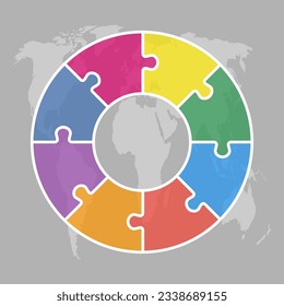 Eight steps puzzle diagram infographic. Business, idea, flow concept. Template silhouette for 8 options, parts, processes. Jigsaw timeline info graphic. Can be used for process, presentation