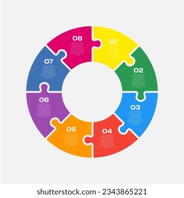 Eight steps puzzle diagram infographic. Business, idea, flow concept. Template silhouette for 8 options, parts, processes. Jigsaw timeline info graphic. Can be used for process, presentation