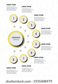 Eight steps vertical infographic template in trendy yellow and grey colors. Modern business data visualization with text boxes. Vector illustration easy to edit and customize. Eps 10