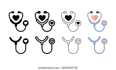 Eight stethoscope icons featuring heart symbols in black and colored outlines on transparent background