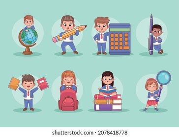 eight students school characters group