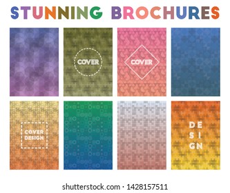 Eight stunning brochures with geometric patterns and vibrant gradients. Ideal for business or travel.