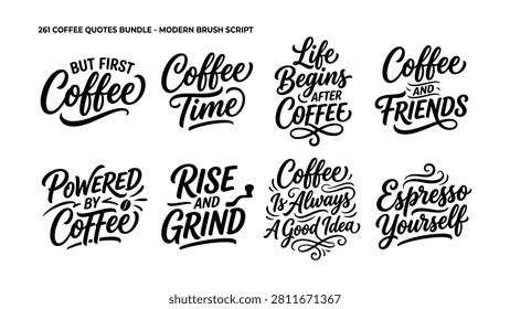 Eight stylish coffeethemed quotes in elegant brush script font on transparent background