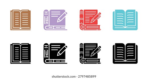 Eight stylized book icons in various colors and black and white versions paired with pens symbolizing education learning and writing activities