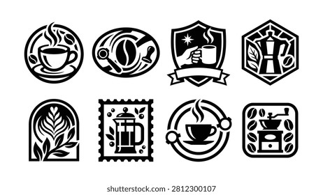 Eight stylized coffee icons featuring cups beans grinders and brewing equipment