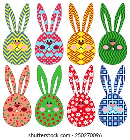Eight stylized colorful Easter rabbit ornamental faces isolated on a white background, hand drawing vector illustration