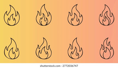 Eight stylized flame icons with simple line art design perfect for graphic projects and illustrations