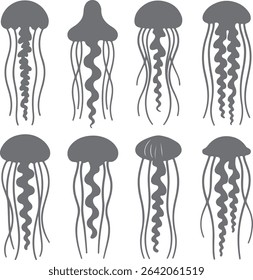 Eight stylized gray jellyfish silhouettes against a white background each with unique body and tentacle shapes. Simple line art style.