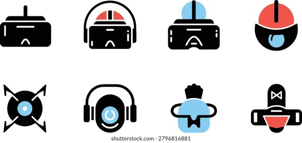Eight stylized icons depicting virtual reality headsets gaming controllers and related technology accessories isolated on transparent background