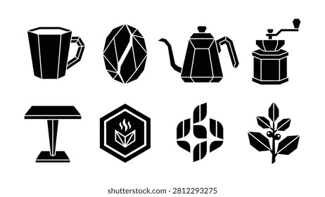 Eight stylized icons featuring coffee mug beans kettle grinder table flame leaf and abstract shapes