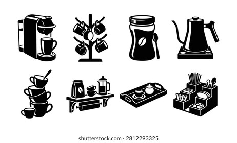 Eight stylized icons showing coffee maker coffee tree jar kettle cups tray table setup and utensil organizer