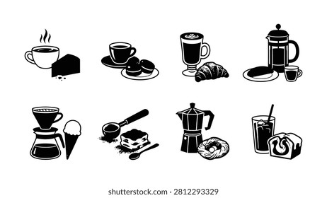 Eight stylized icons showing coffee cups pastries French press espresso maker and beverages