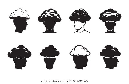 Eight stylized silhouettes of heads with clouds, representing ideas, dreams, or confusion