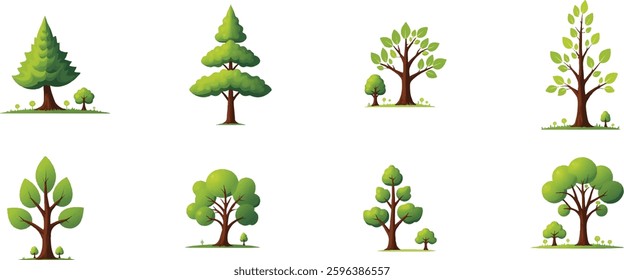 Eight stylized tree illustrations with green foliage, varying shapes, and small companion trees, set against a white background.