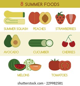 Eight summer foods and vegetables vector