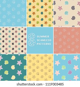 Eight summer seamless patterns with starfish and seashells. Colorful vector texture