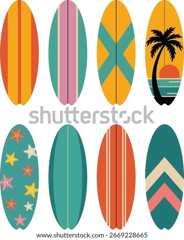Eight surfboards with different designs and colors in two rows.