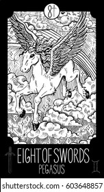 Eight of swords. Pegasus. Minor Arcana Tarot card. Fantasy line art illustration. Engraved vector drawing. See all collection in my portfolio set