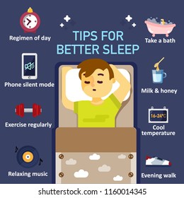 Eight tips to better sleep at night infographics. Vector flat style design illustration of sleeping boy in center and useful advices for better sleep around him.