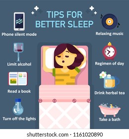 Eight tips to better sleep at night infographics. Vector flat style design illustration of sleeping girl in center and useful advices for better sleep around her.