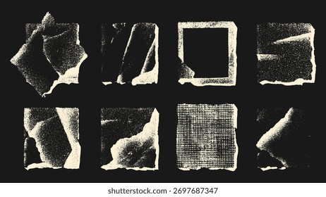 Eight torn paper shapes with stippled texture in beige on black.