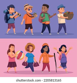 eight travelers walking comic characters