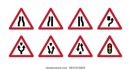 Eight triangular warning signs presenting changing road conditions such as narrowing carriageways, roadside restrictions, central obstructions, lane deviations and traffic lights ahead. Useful for transport manuals, driving instruction, highway engineering and safety communication.