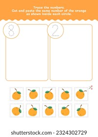 Eight And Two Count And Tracing Number Worksheet. Cut And Paste Worksheet With Pictures. Premium Vector Element.