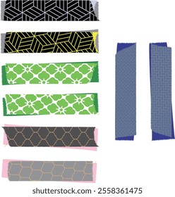 Eight types of Japanese masking tapes, combinations of which are white and yellow tortoise shell Ajiro, green Hanabishi, black and gray Moroccan pattern, and navy blue Higaki