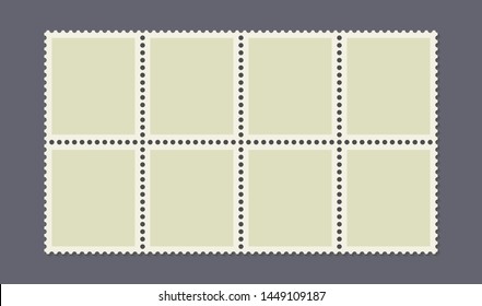 Eight uncut postage stamps on a dark background. Vector illustration.