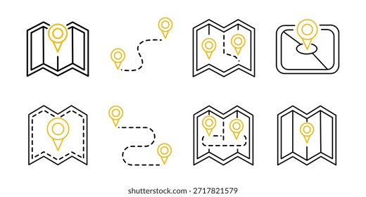 Eight unique abstract designs featuring yellow shapes and black outlines on a white background, possibly representing a graphic design or art concept